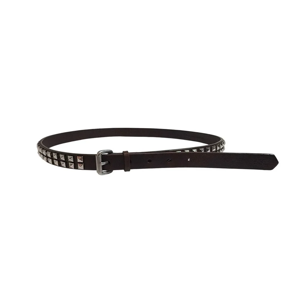 DKNY Jeans Womens Dark Brown Leather Double Studded Skinny Belt Silver Pyramid